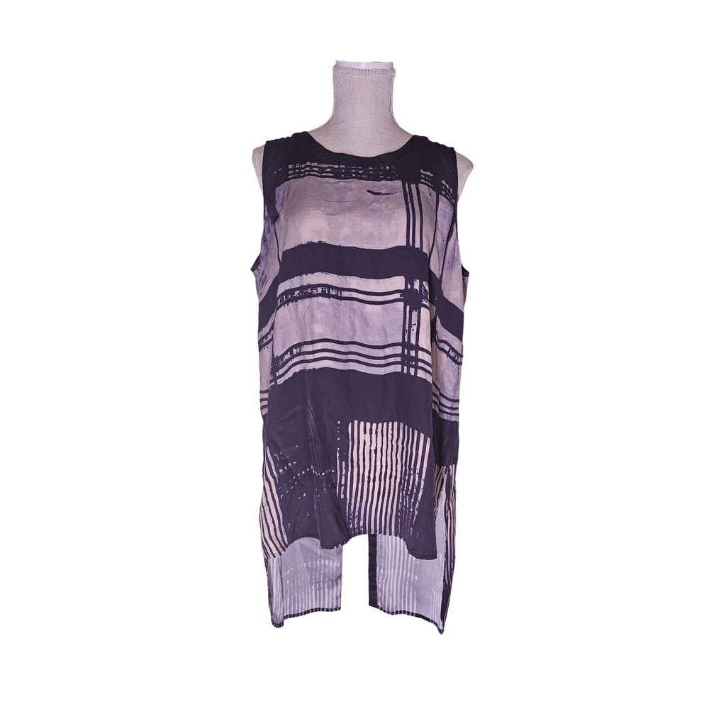 Go by Go Silk Womens Abstract Pattern High Low Sleeveless Silk Blouse Purple L